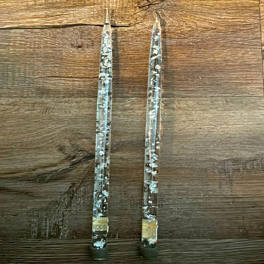Set of Lucite Candle 11 inches Clear with Silver Flakes Candlesticks.